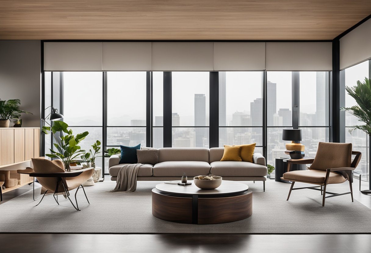 A spacious room with clean lines, natural light, and minimalist furniture. A mix of textures and materials, such as wood, metal, and glass, add visual interest. A neutral color palette with pops of bold, vibrant hues