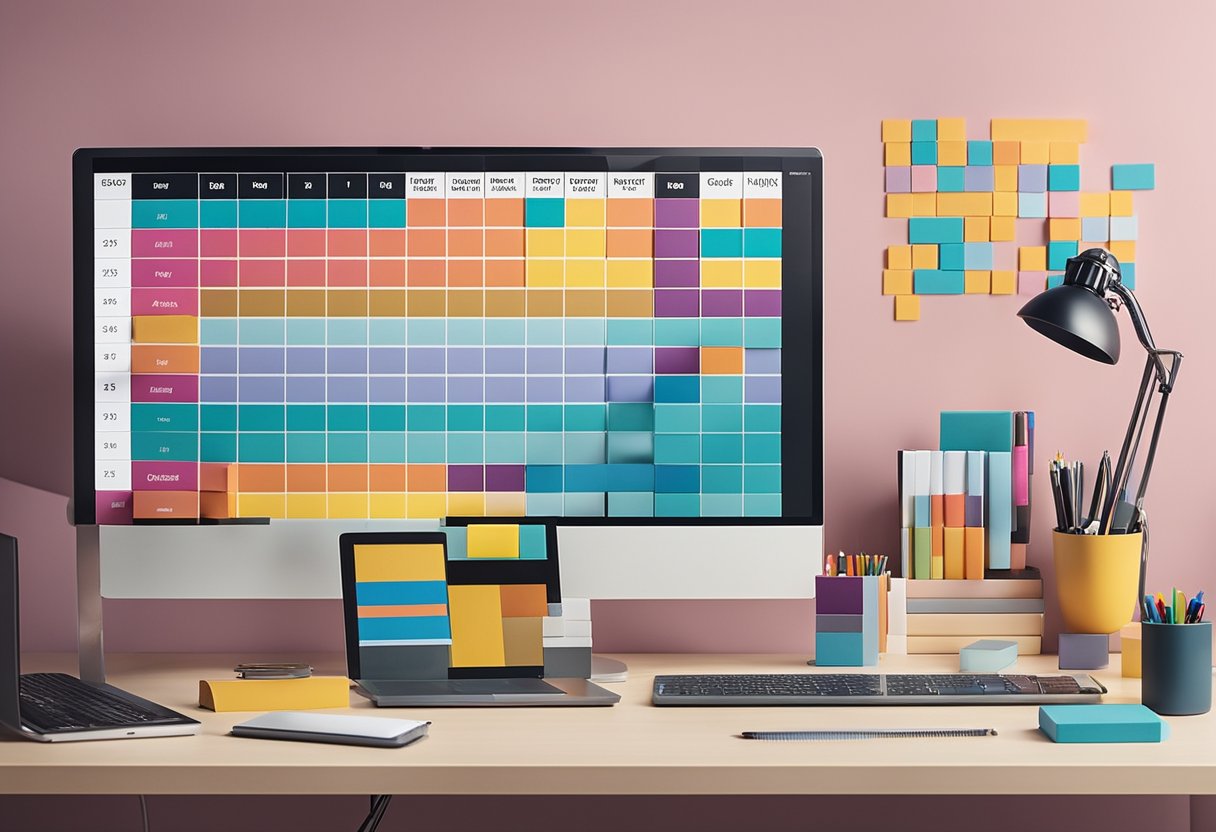A neatly organized interior design schedule displayed on a sleek desk with a computer and office supplies. The schedule is filled with colorful blocks indicating different tasks and deadlines