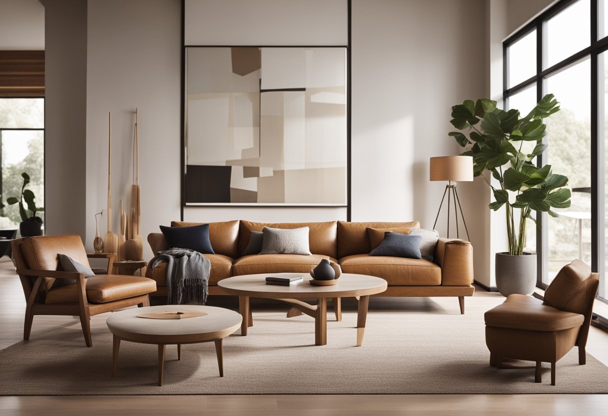 A spacious living room with clean lines, natural materials, and handcrafted furniture. Warm earthy tones and geometric patterns add a touch of modern arts and crafts influence