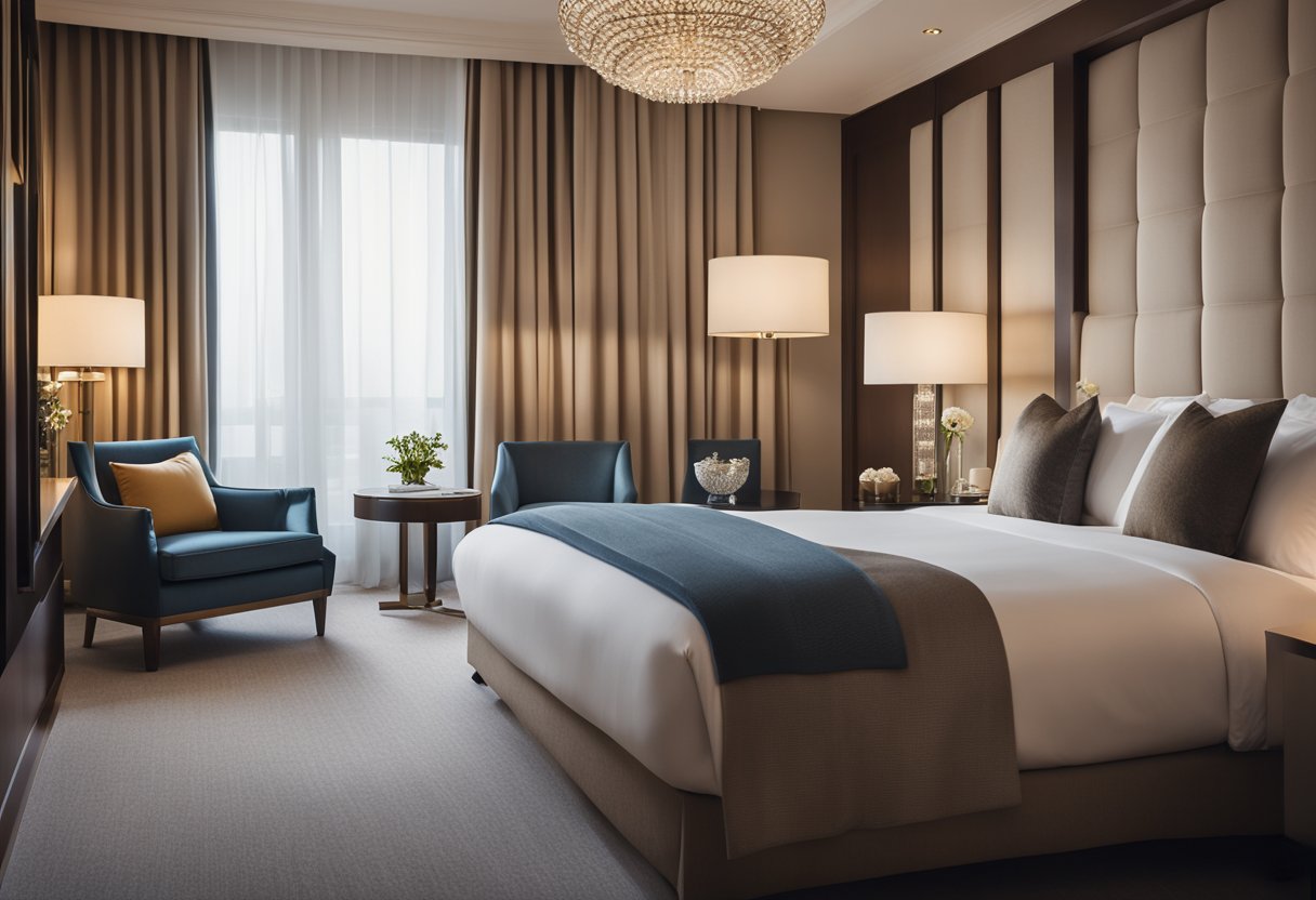A luxurious 5-star hotel bedroom with elegant furnishings, plush bedding, and modern amenities. A spacious room with soft lighting and a serene ambiance