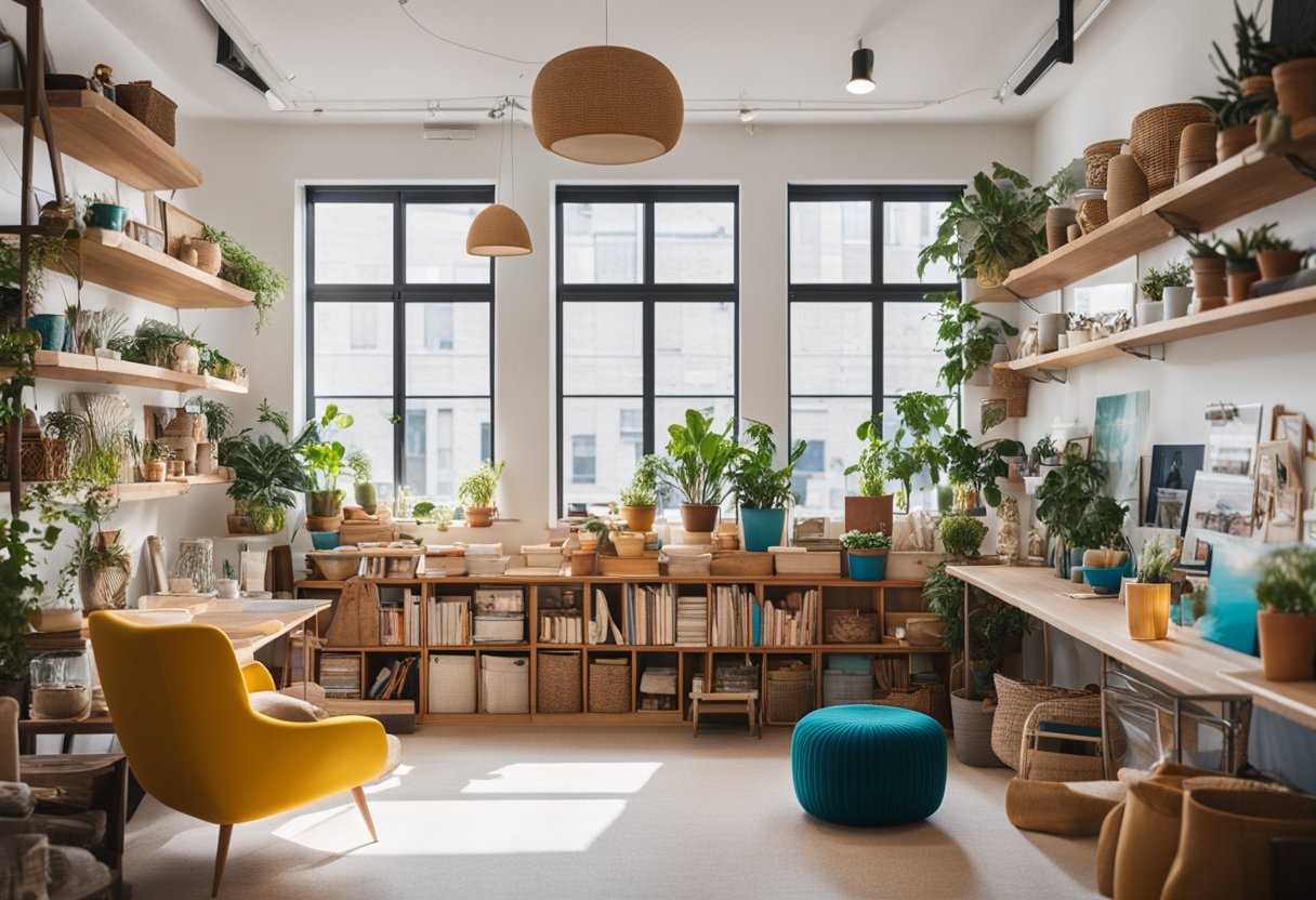 A bright, airy studio with shelves of colorful supplies, a cozy seating area, and large windows for natural light. Various art pieces adorn the walls, creating a vibrant and inspiring atmosphere