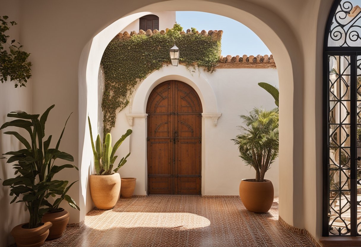 A sunlit room with white walls, terracotta tile floors, and arched doorways. Wrought iron accents, colorful mosaic tiles, and rustic wooden furniture complete the Mediterranean style interior design