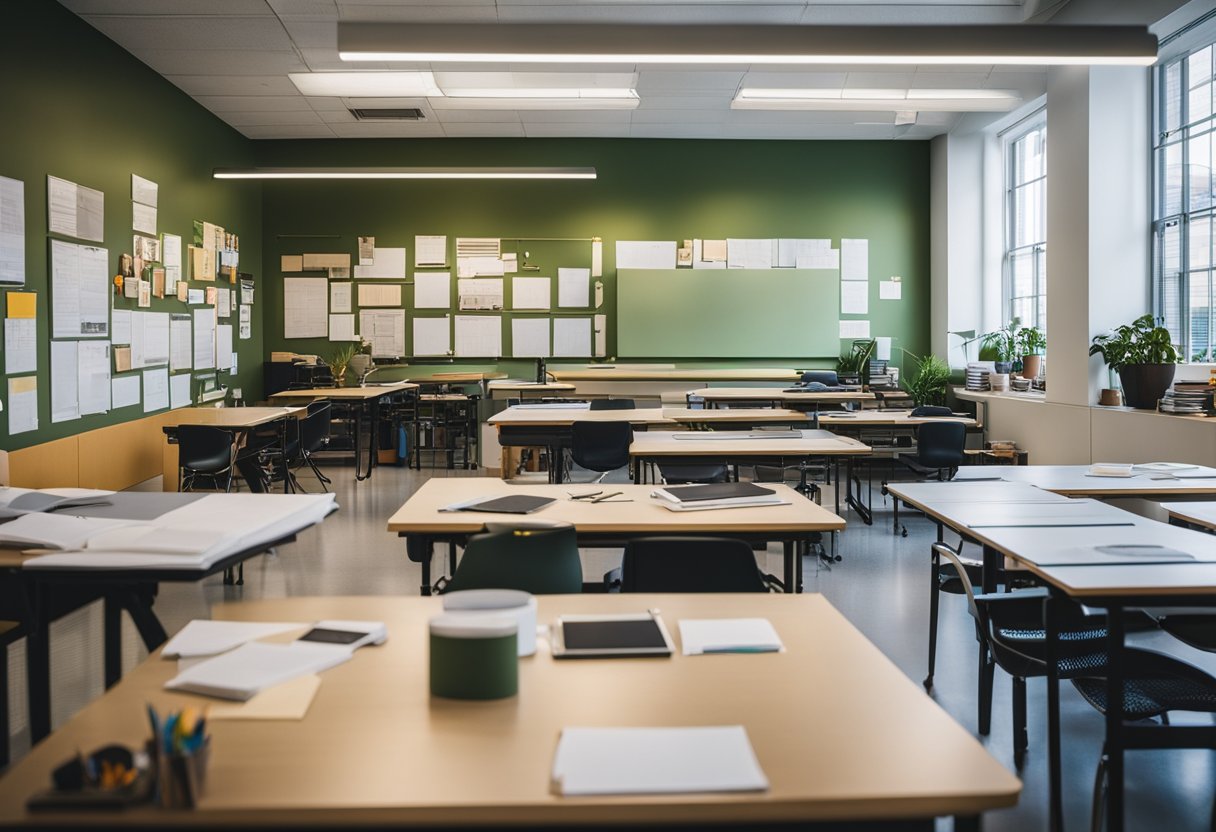 A classroom filled with drafting tables, mood boards, and design sketches. Walls adorned with student projects and inspirational quotes. Light-filled space with modern furniture and vibrant color palettes