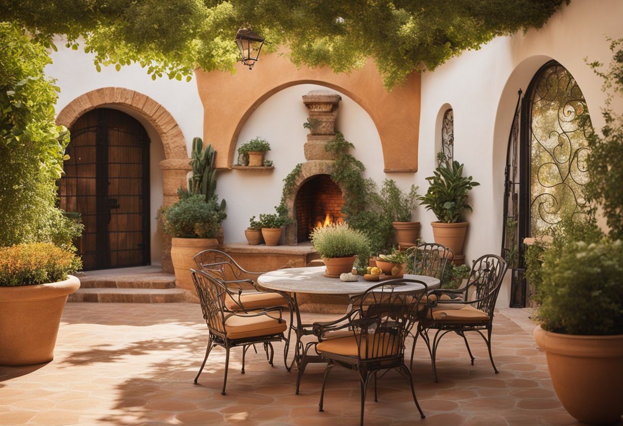 A sun-drenched patio with terracotta tiles, wrought-iron furniture, and vibrant potted plants. A rustic stone fireplace and arched doorways complete the Mediterranean ambiance