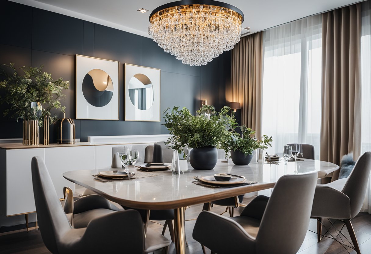 A modern dining room with sleek furniture, a large chandelier, and a statement wall art