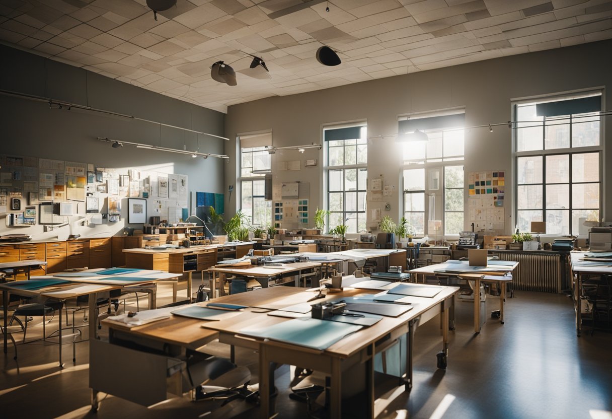 A classroom filled with drafting tables, mood boards, and design sketches. Colorful fabric swatches and furniture samples line the walls. Bright sunlight floods the room, illuminating the creative chaos