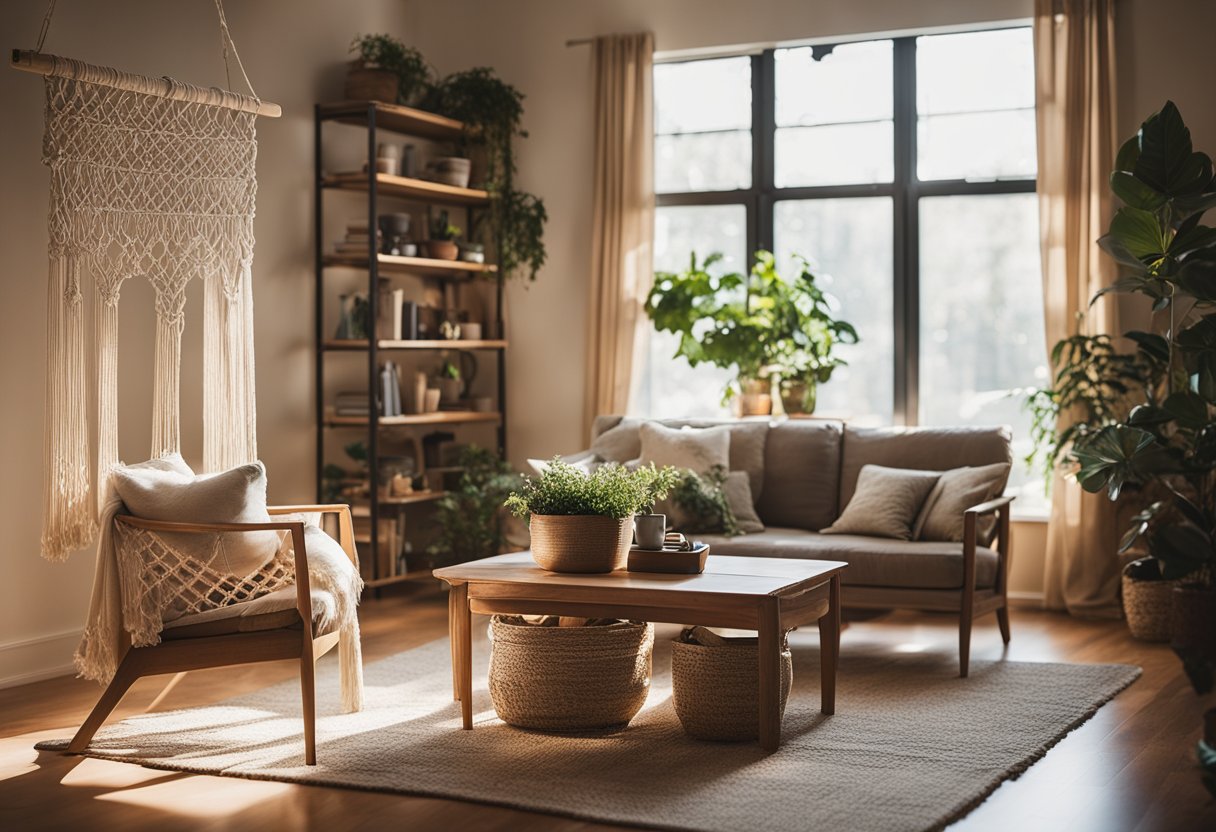 A cozy living room with a handmade bookshelf, upcycled furniture, and a homemade macrame wall hanging. Natural light streams in through the window, illuminating the warm, inviting space