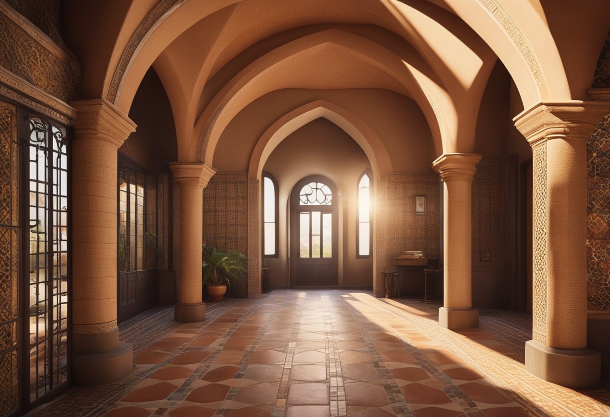 A sunlit room with arched doorways, terracotta tiles, and wrought iron accents. Colorful mosaic tiles and textured walls add depth to the space