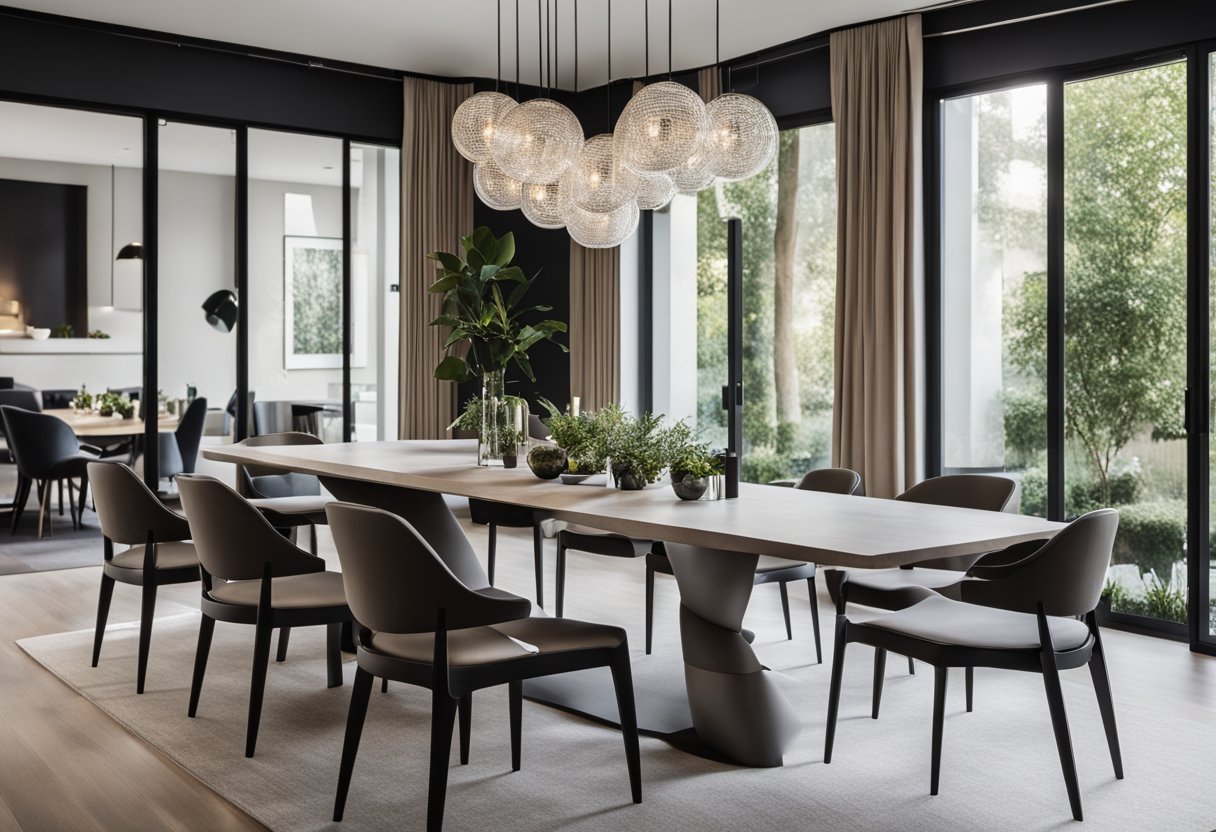 A modern dining room with a sleek table, stylish chairs, and a statement chandelier. The room is filled with natural light and features elegant decor and artwork on the walls