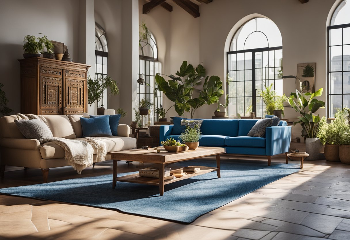 A cozy living room with earthy tones, rustic wooden furniture, and vibrant blue accents. Sunlight streams in through arched windows, casting warm shadows on the tiled floor