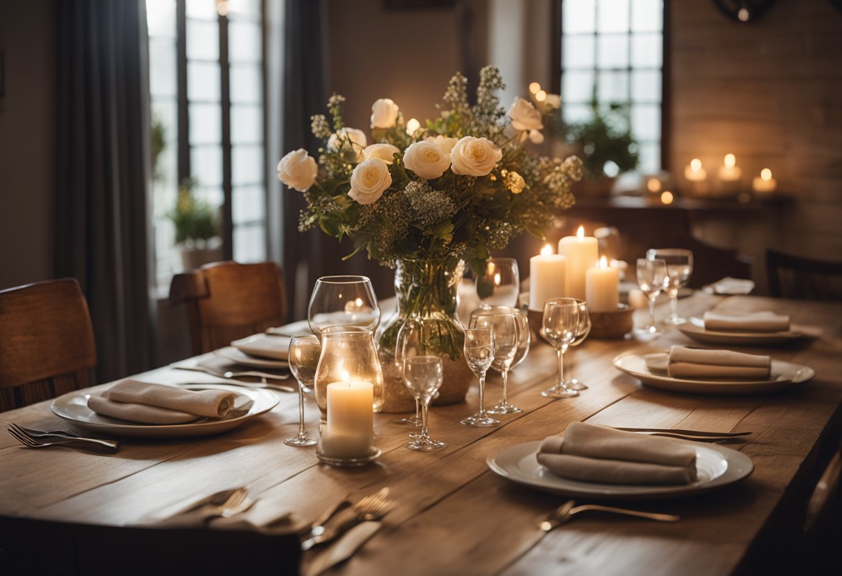 A warm, softly lit dining room with a large, rustic wooden table adorned with fresh flowers and elegant place settings. A cozy fireplace crackles in the background, casting a warm glow over the space