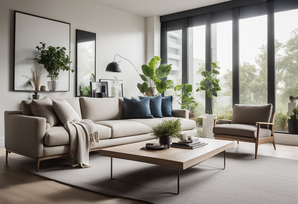 A modern living room with sleek furniture and minimalistic decor. A large window lets in natural light, illuminating the clean lines and neutral color palette