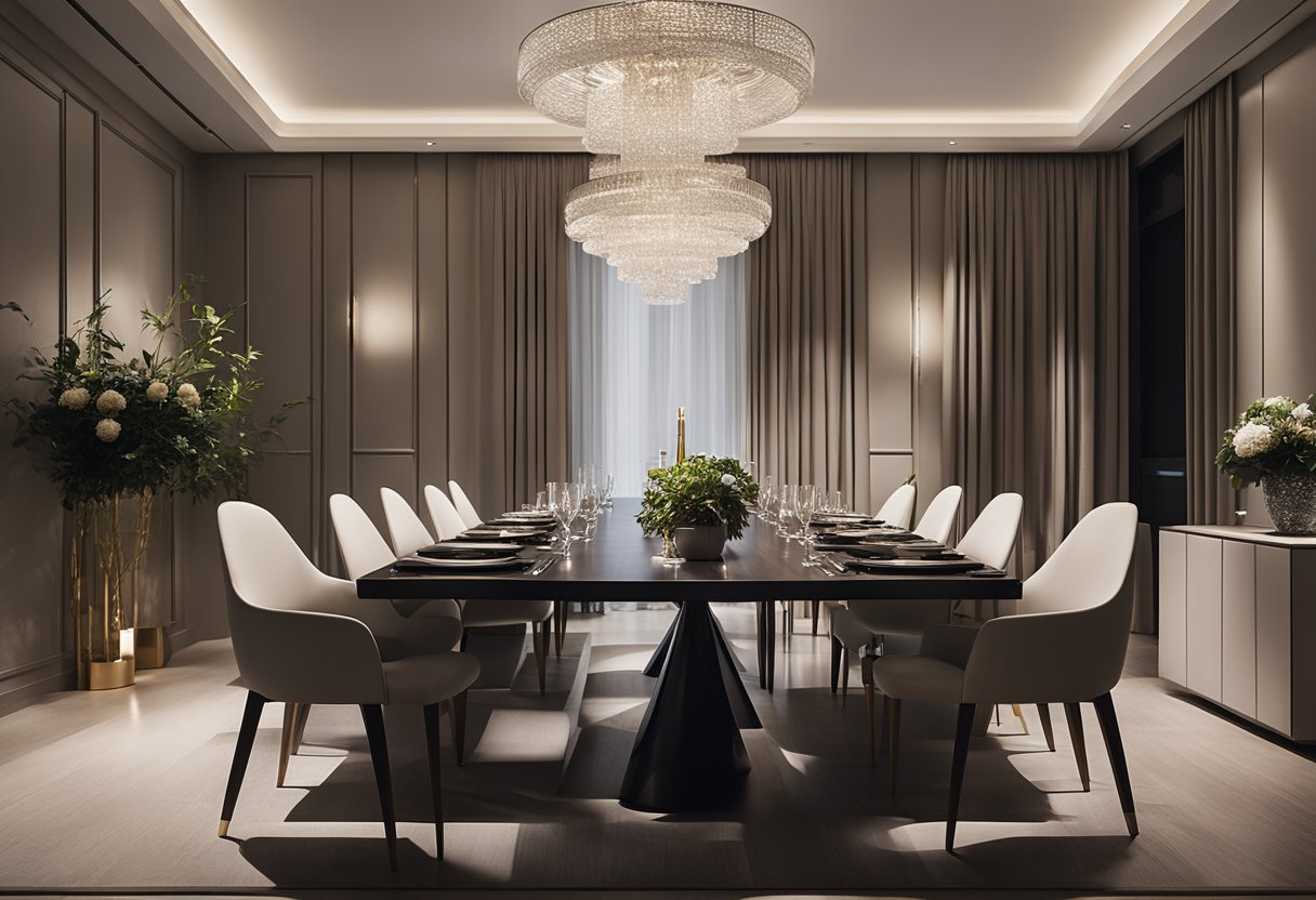 A modern dining room with sleek furniture, ambient lighting, and a large table set for a formal dinner. The room is spacious and adorned with minimalist decor