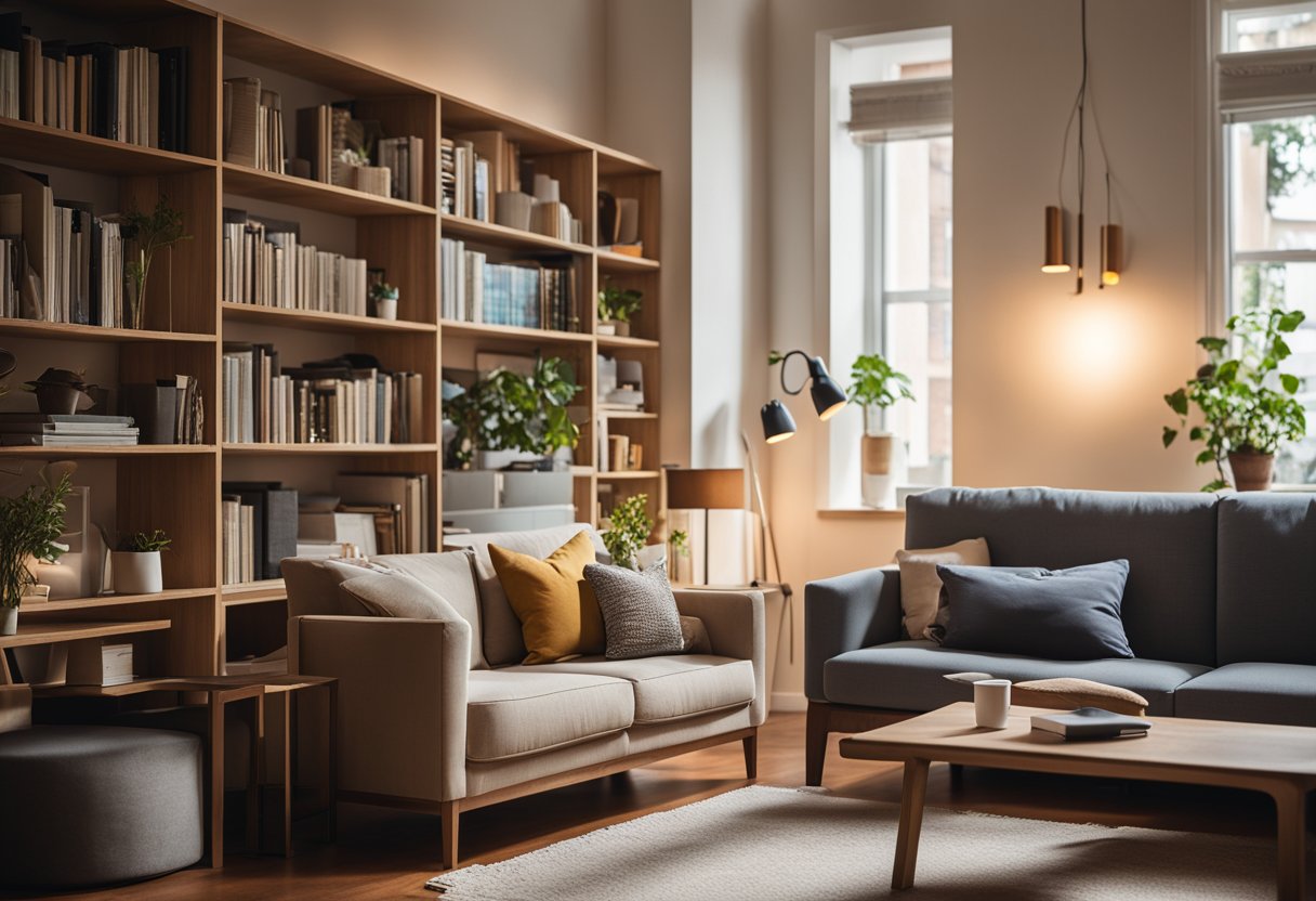 A cozy living room with a bookshelf, a comfortable sofa, and a small desk with a laptop. Sunlight streams in through the window, casting a warm glow on the room
