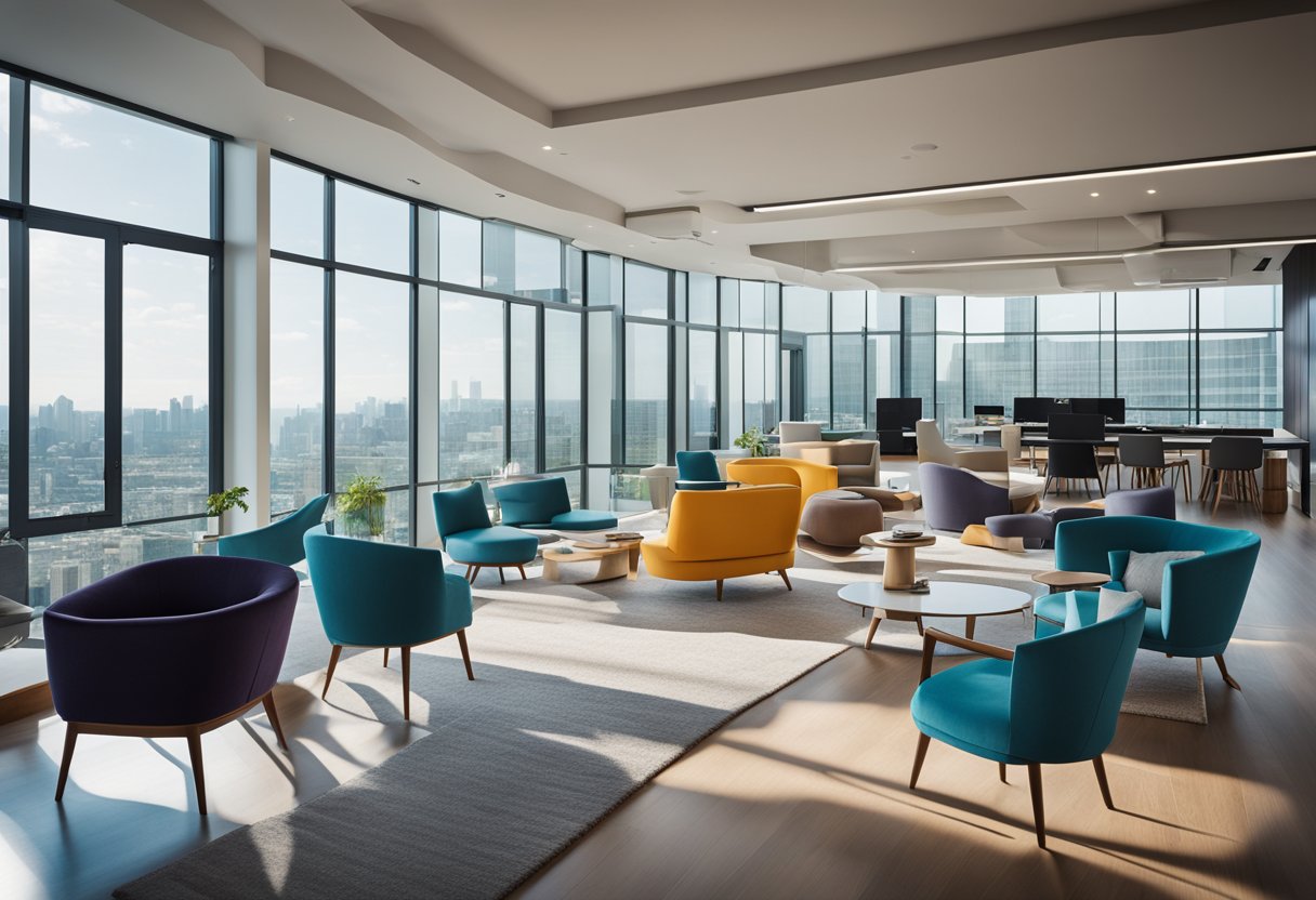 A modern interior with sleek furniture, vibrant colors, and natural light streaming in through large windows. Digital devices and social media icons are integrated seamlessly into the design