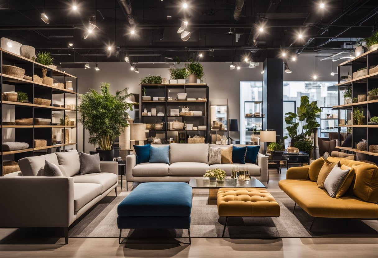 A spacious showroom displays modern furniture and decor. Bright lighting highlights sleek designs and vibrant colors. Shelves are stocked with textiles and accessories