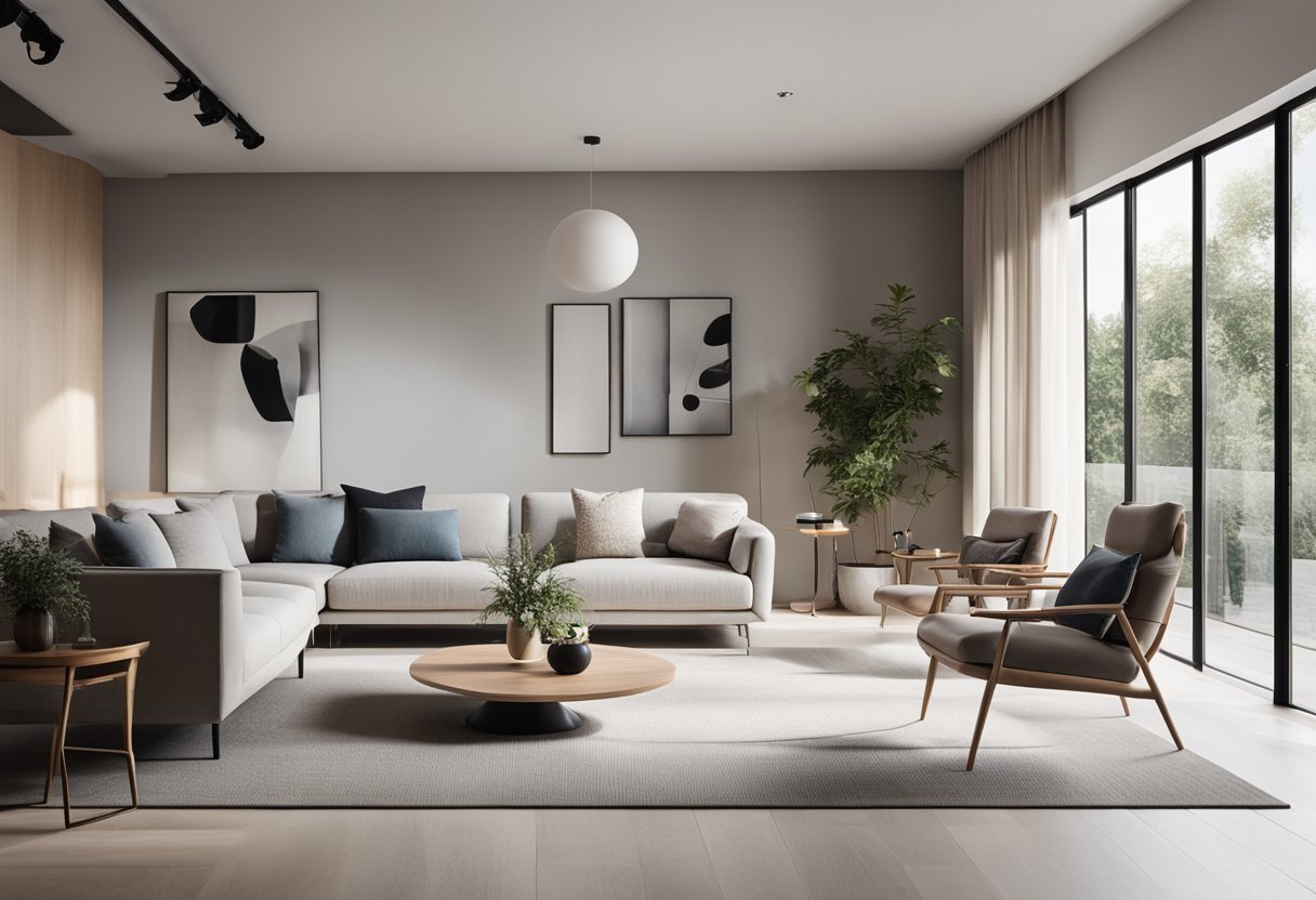 A modern, sleek interior with clean lines and minimalistic furniture. Bright, natural light floods the space, highlighting the carefully curated decor and stylish accents