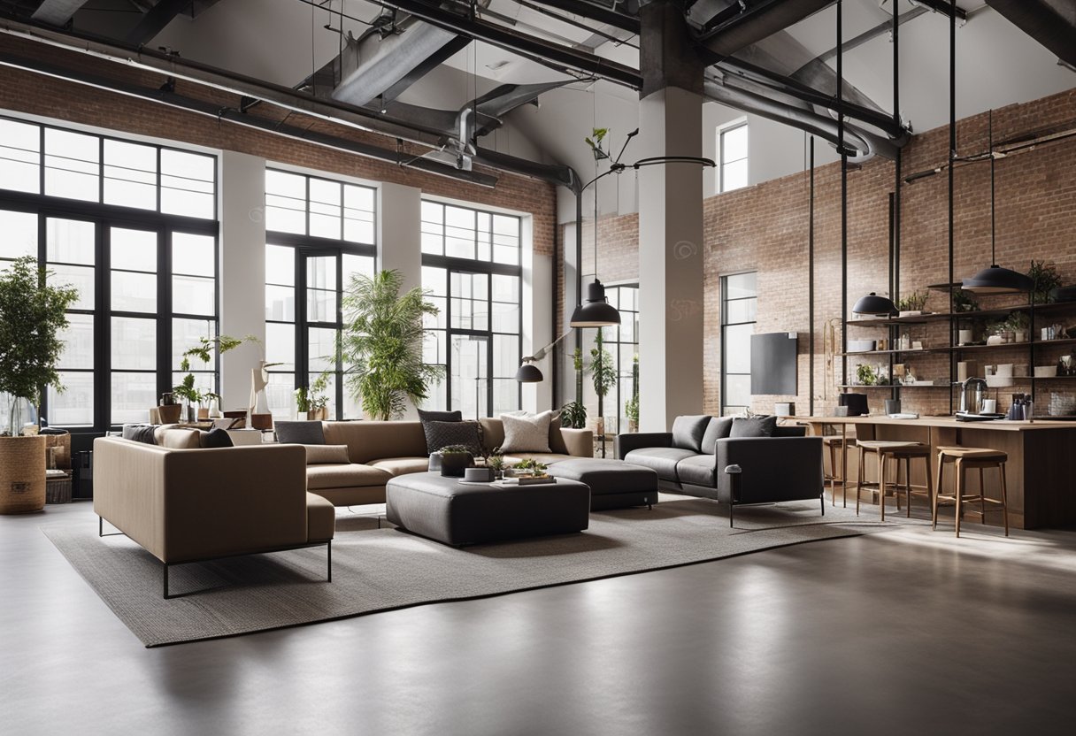 Sleek, open-plan loft with industrial accents, high ceilings, large windows, minimalist furniture, and a neutral color palette