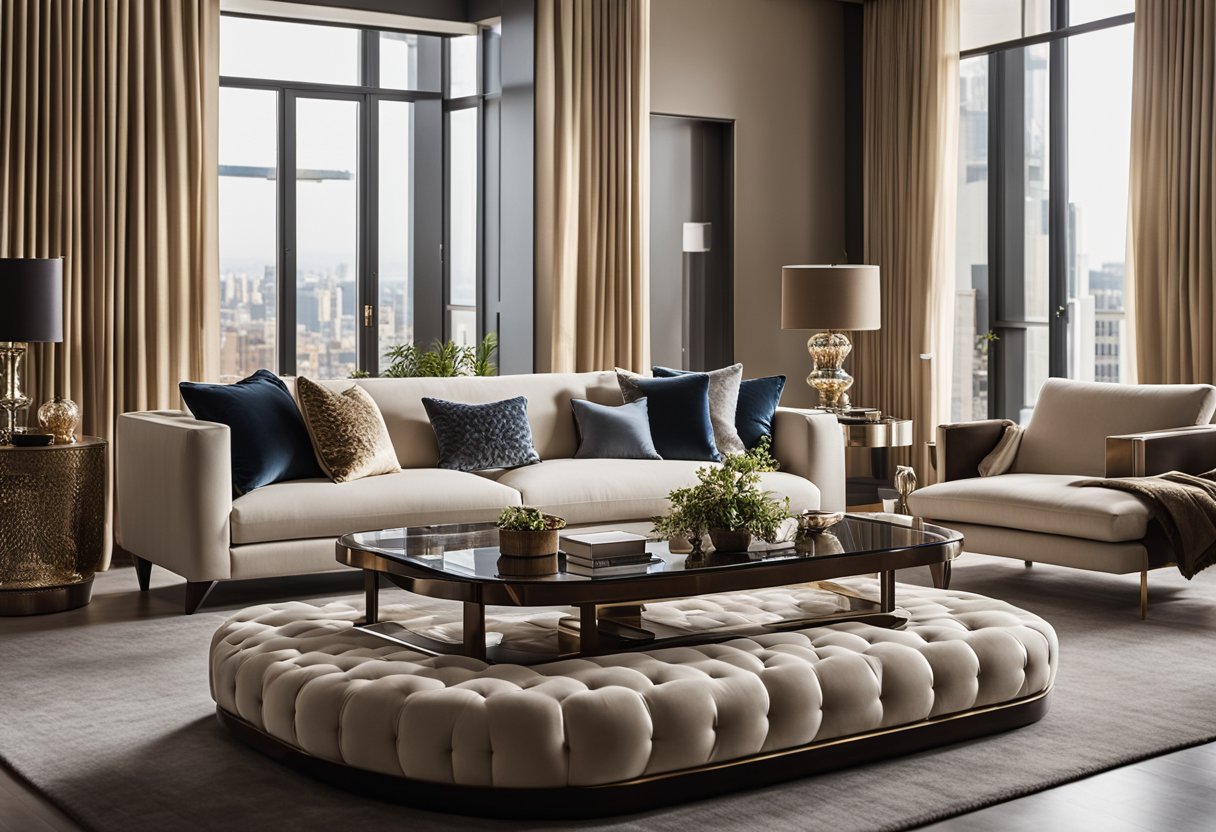 A spacious, elegantly furnished living room with plush sofas, ornate coffee tables, and luxurious drapes. The room is bathed in warm, natural light, highlighting the exquisite details of the wholesale pieces