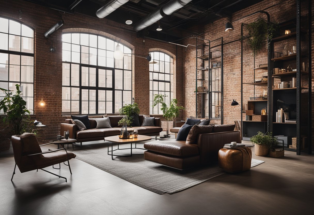 A spacious loft with exposed brick walls, high ceilings, industrial-style lighting, and minimalistic furniture creating a sleek and modern aesthetic