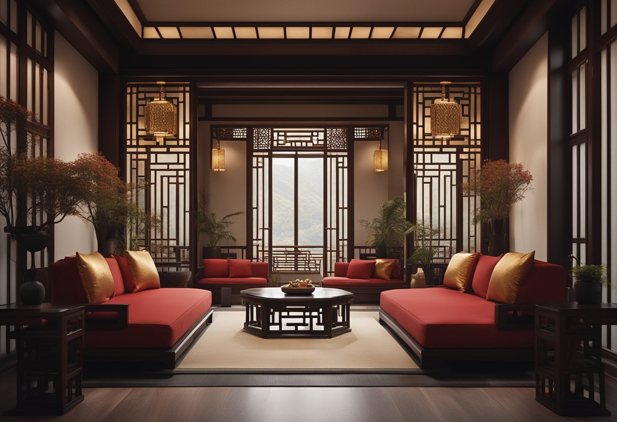 A serene Chinese interior with minimal furniture, natural materials, and balanced symmetry. Soft lighting and a color palette of red, black, and gold create a harmonious atmosphere