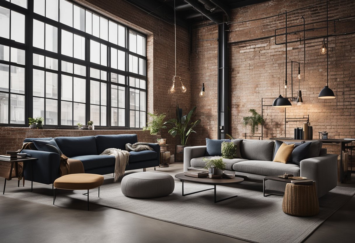 A sleek, open-concept loft with industrial accents, exposed brick walls, and large windows letting in natural light. A minimalist color palette with pops of bold, modern furniture and statement lighting fixtures