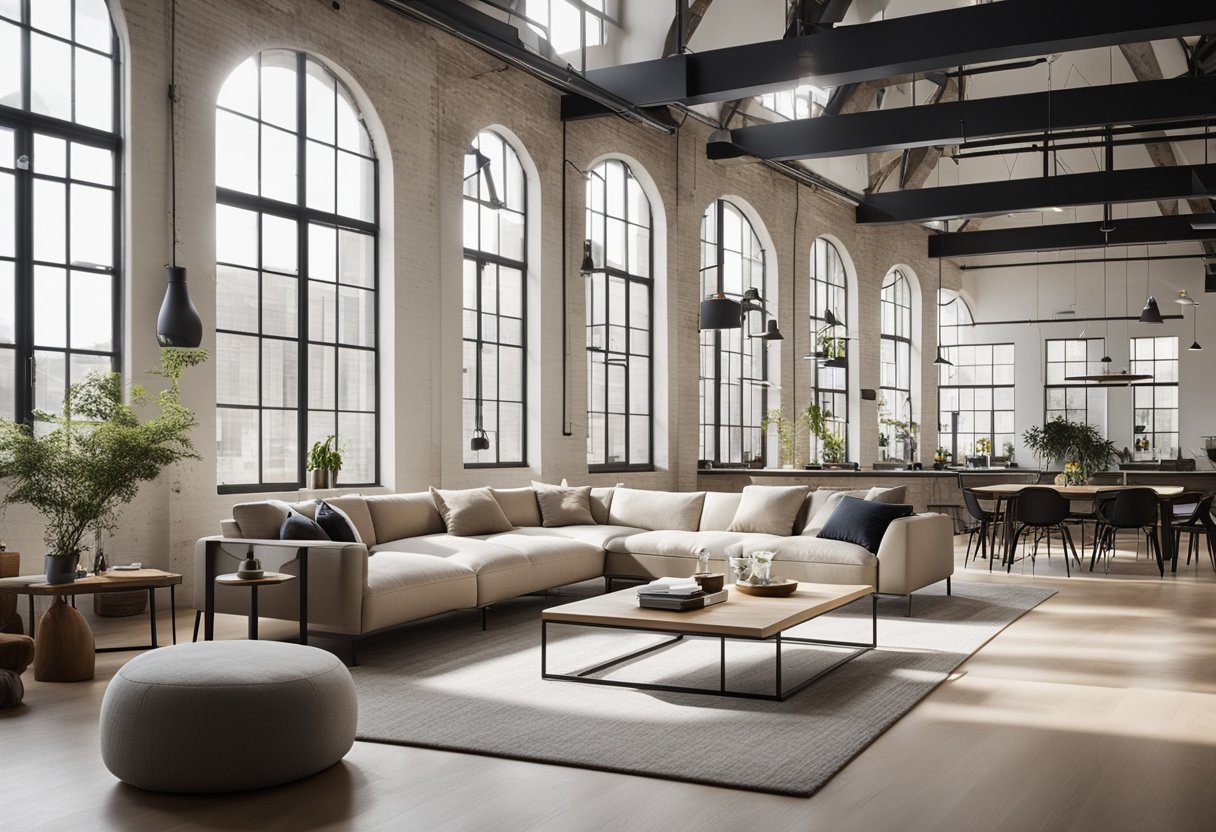A spacious, open loft with sleek, minimalist furniture and industrial accents. Large windows flood the space with natural light, showcasing the clean lines and neutral color palette
