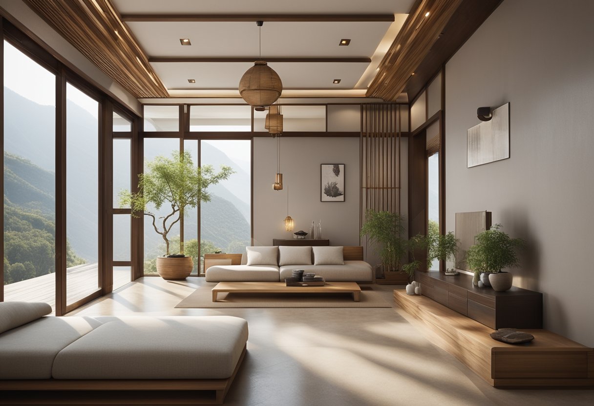 A serene Chinese interior with minimal furniture and natural elements, such as bamboo and stone, creating a harmonious and balanced space