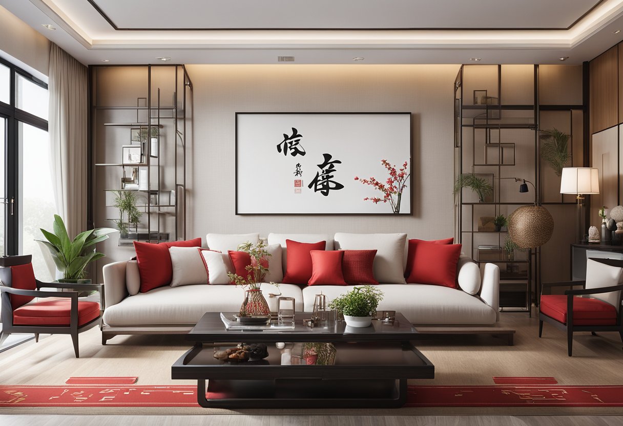 A modern living room with minimalistic furniture, featuring traditional Chinese motifs like calligraphy, bamboo, and red accents