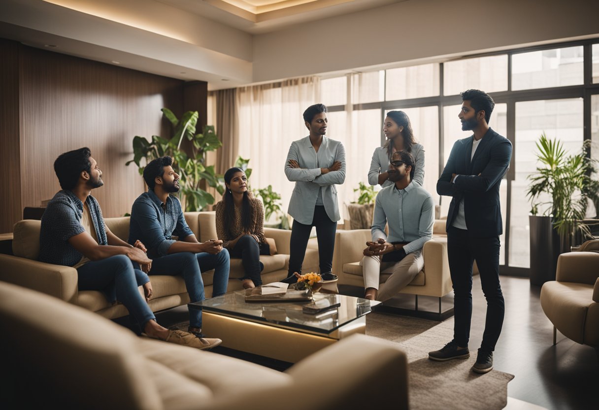 A group of people gather around a celebrity interior designer in Mumbai, asking questions and eagerly listening to the designer's responses