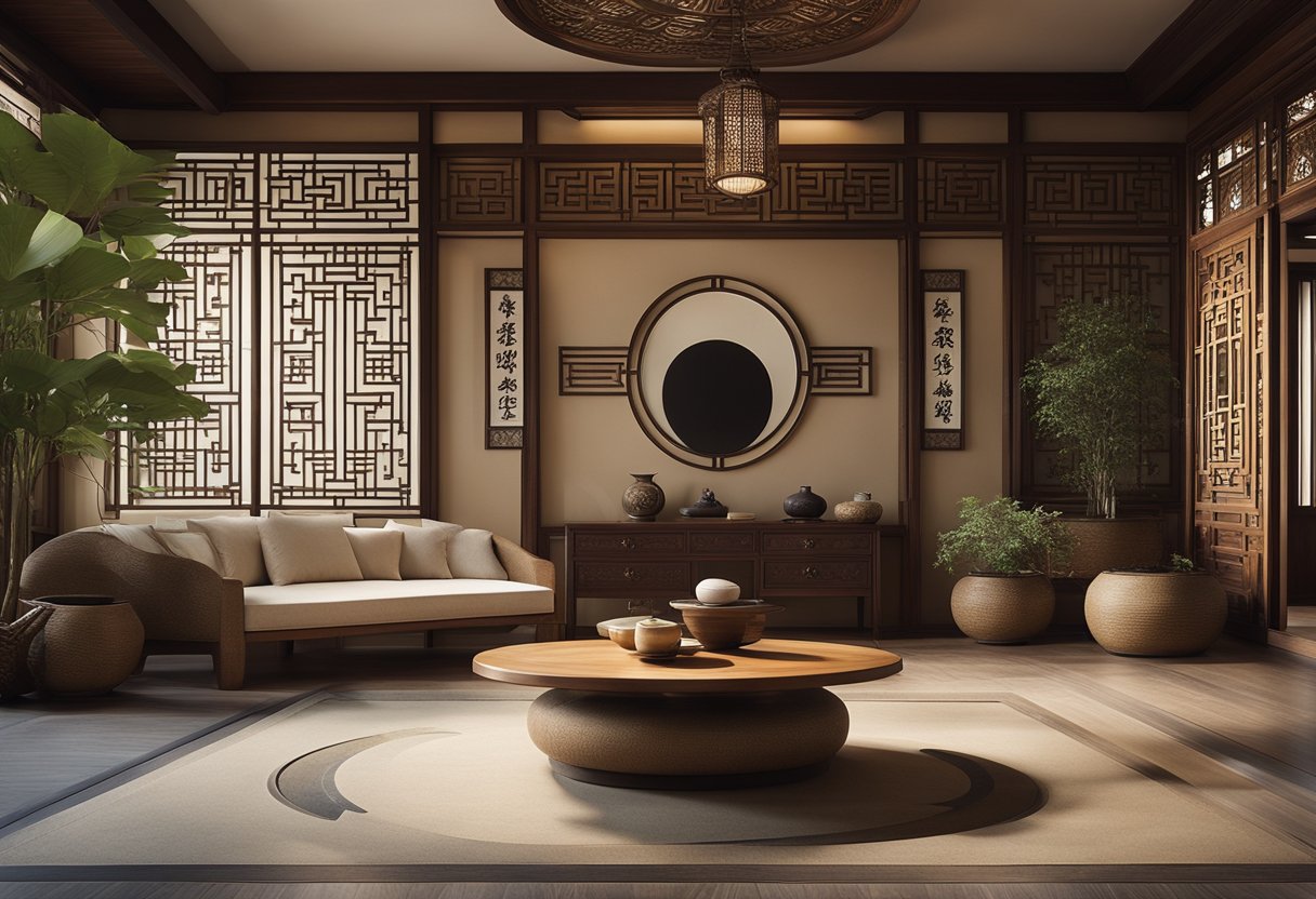 A serene Chinese interior with balanced elements of yin and yang, featuring natural materials, harmonious colors, and intricate patterns