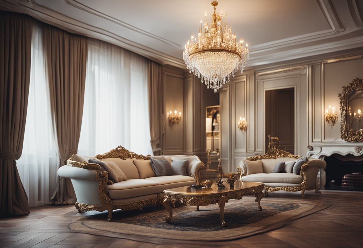 A cozy European home interior with ornate furniture, intricate woodwork, and soft, warm lighting