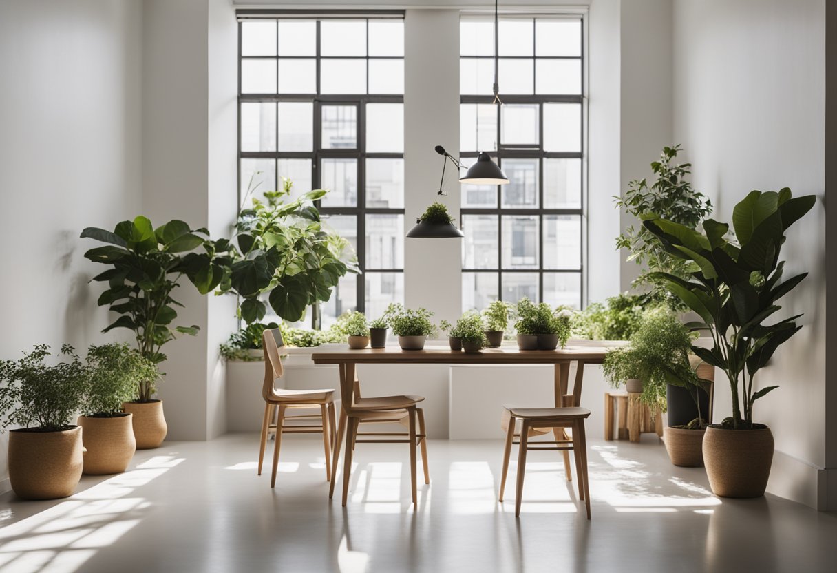 A white room with minimalistic furniture, natural light streaming in through large windows, and a few potted plants adding a touch of greenery