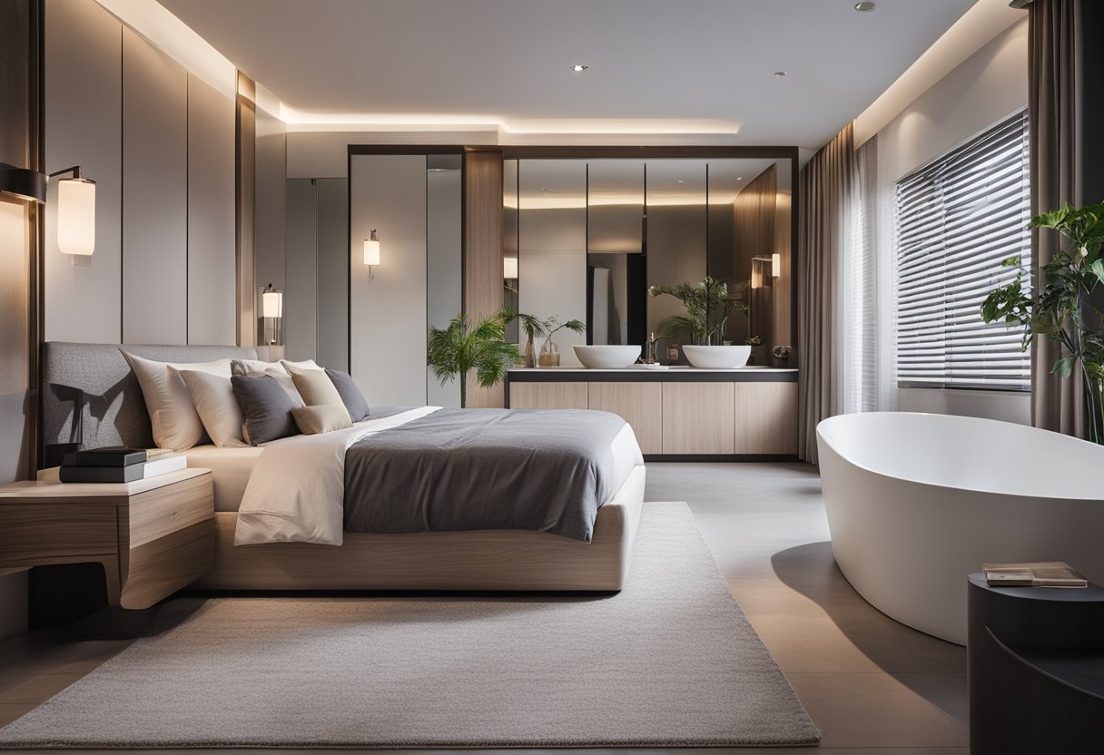 A spacious bedroom with a modern attached bathroom, featuring a large comfortable bed, sleek furniture, and a stylish bathroom with a luxurious shower and bathtub