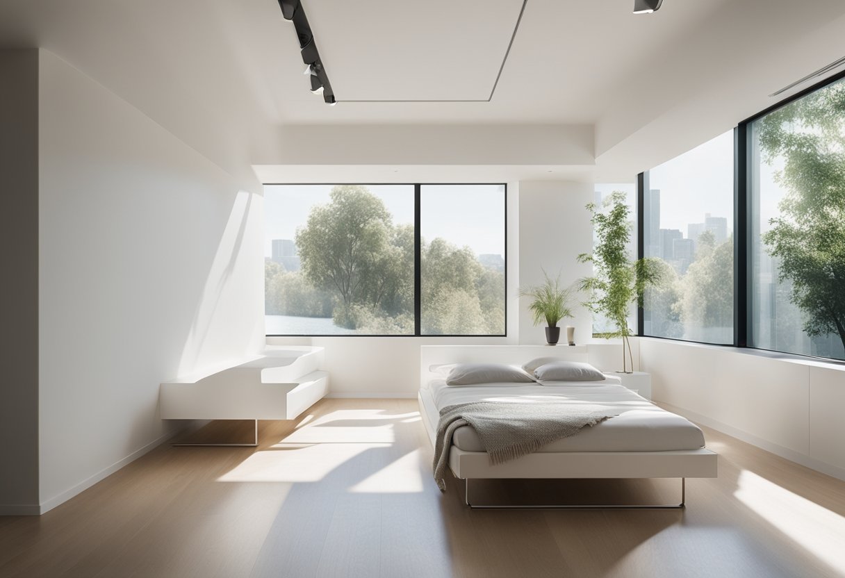 A bright white room with minimal furniture, clean lines, and natural light streaming in through large windows