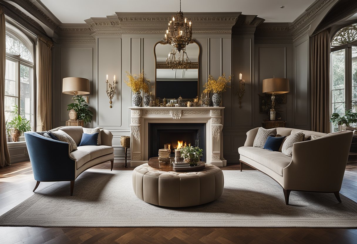 A cozy living room with ornate furniture, intricate moldings, and rich fabrics. A grand fireplace serves as the focal point, while large windows let in ample natural light