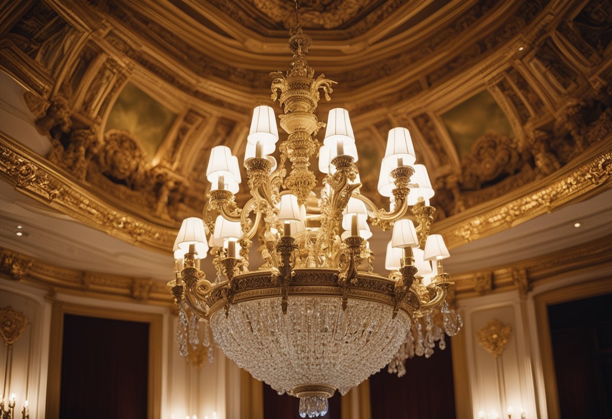 A grand chandelier illuminates a room with ornate moldings, intricate woodwork, and luxurious furnishings blending French, Italian, and English design elements