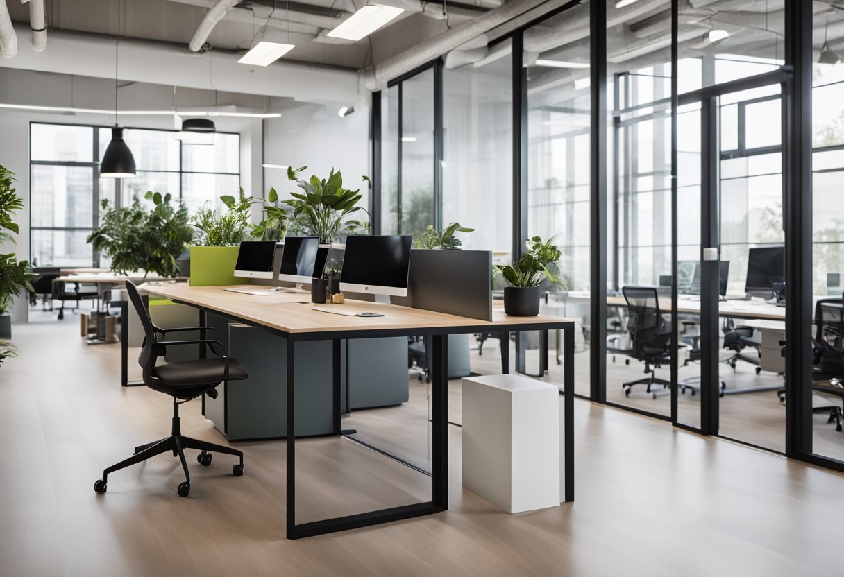A sleek, open-plan office with minimalist furniture, natural light, and pops of color. Glass partitions create private meeting areas, while plants and artwork add a touch of warmth