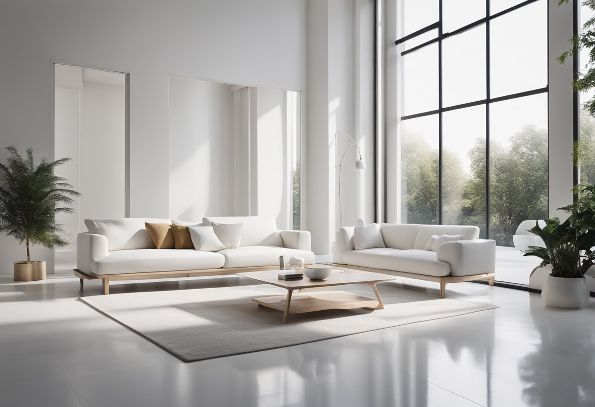 A white room with modern furniture and minimal decor. Bright lighting and clean lines create a sleek and inviting atmosphere