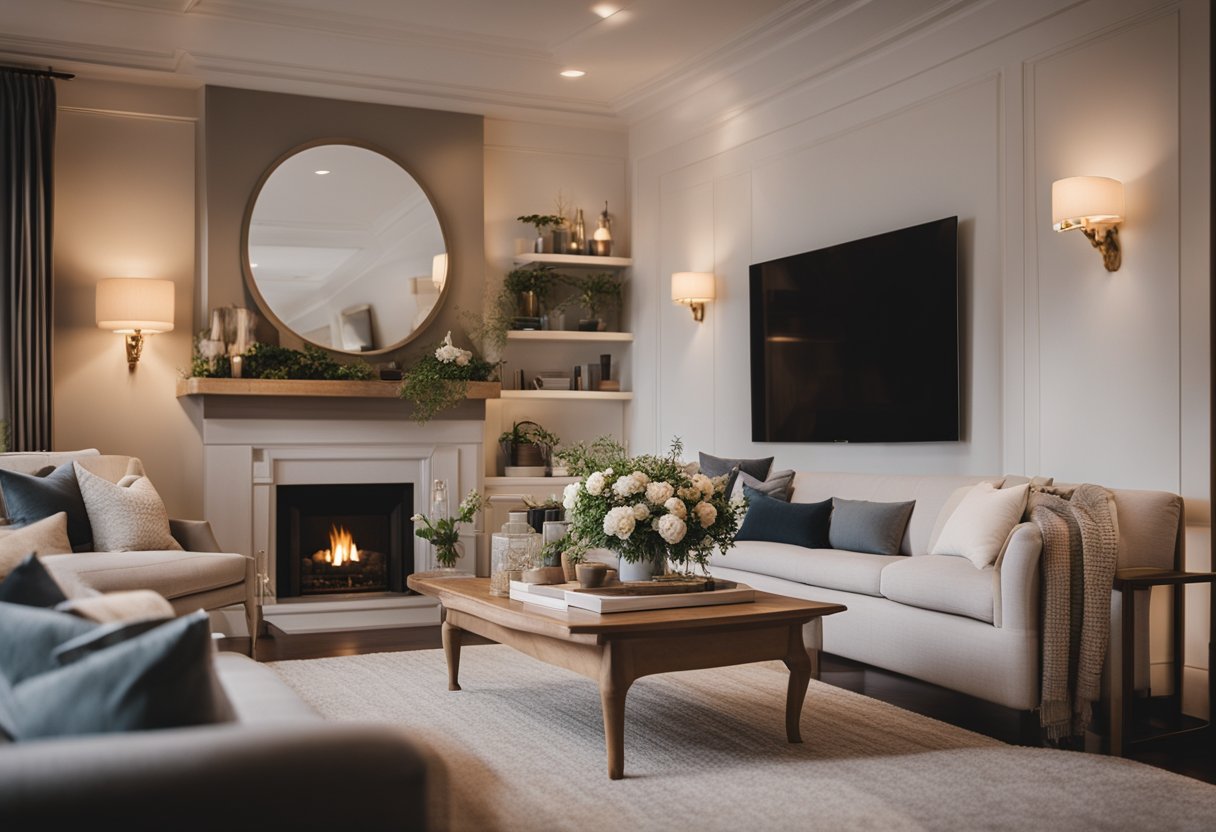 A cozy living room with a fireplace, elegant furniture, and European-inspired decor. Soft lighting and floral accents create a warm and inviting atmosphere