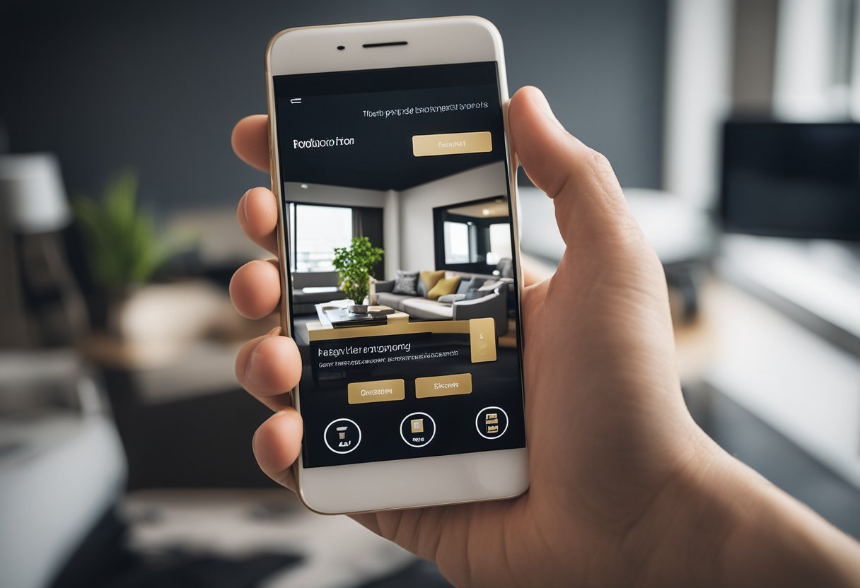A smartphone displaying an online interior design app with various room layouts and furniture options
