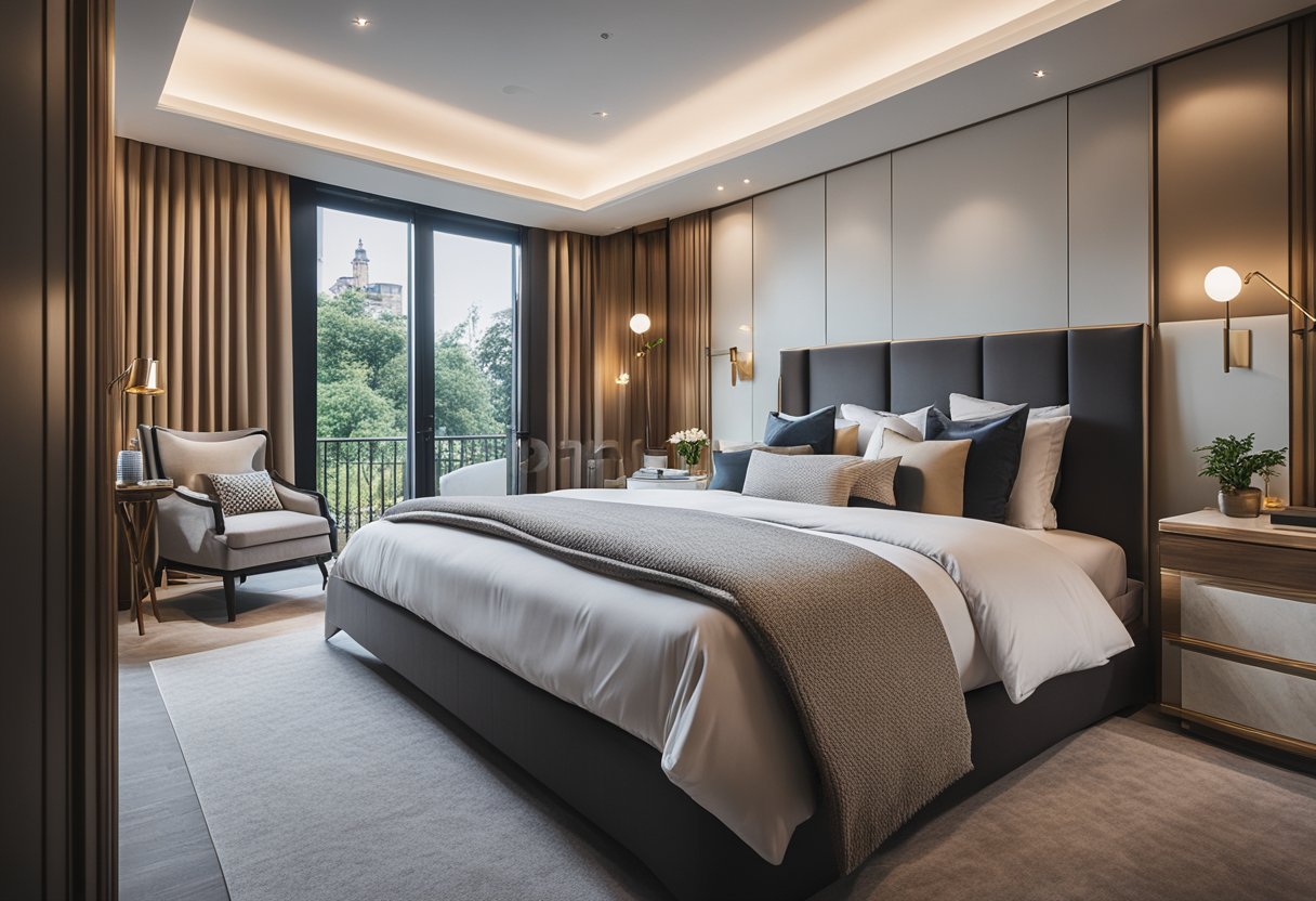 A spacious bedroom with opulent decor and a connected bathroom, featuring luxurious elements and thoughtful privacy considerations