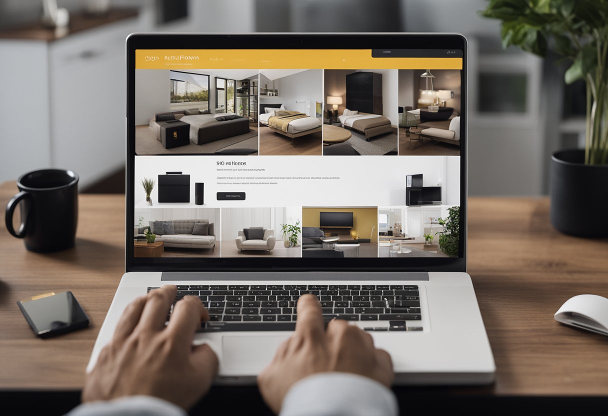 A laptop displaying an online interior design app with various room layouts and furniture options. A person's hand using the app to arrange virtual furniture