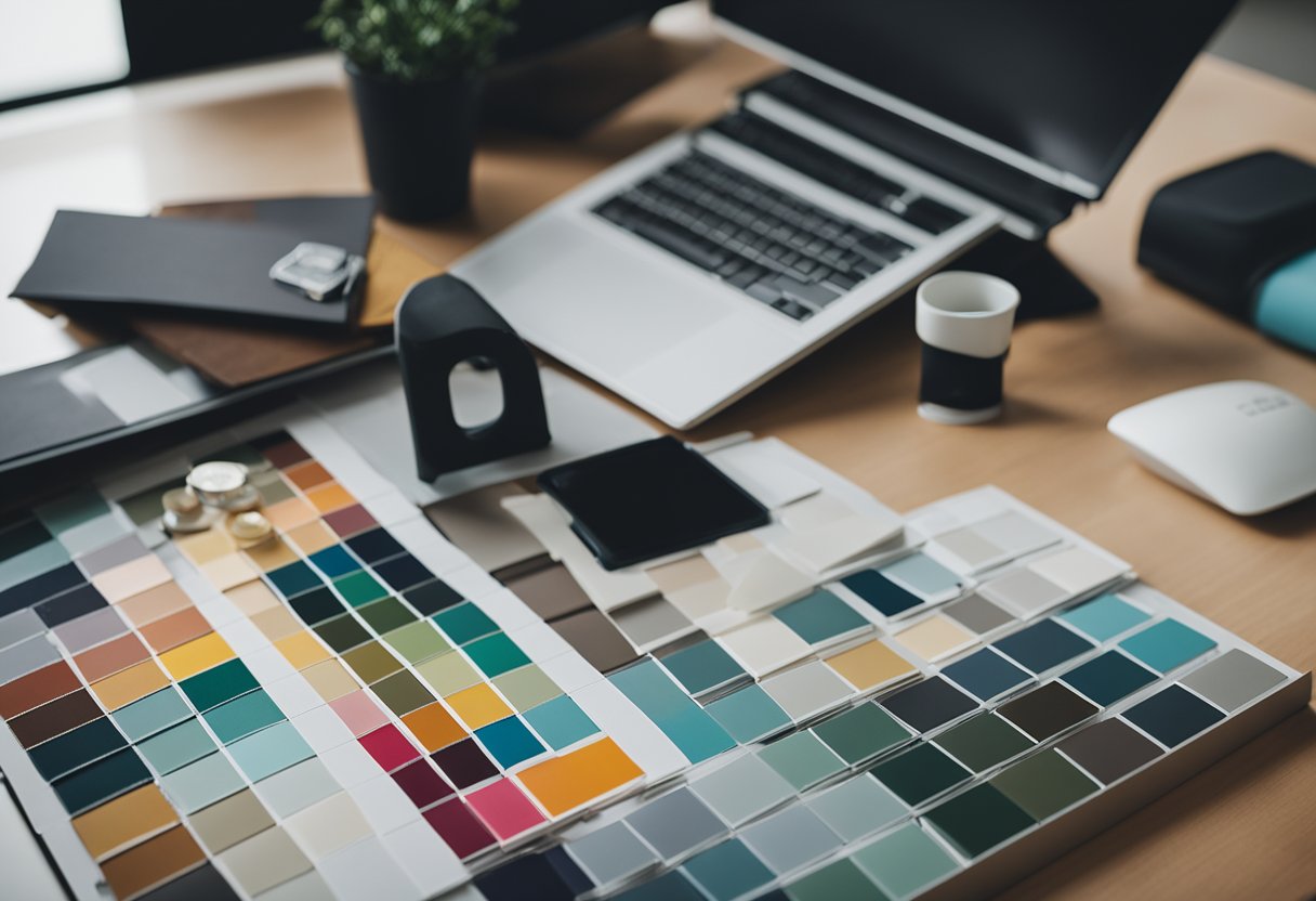 An interior designer carefully selects color swatches and fabric samples, arranging them on a sleek desk with a modern computer and drafting tools nearby