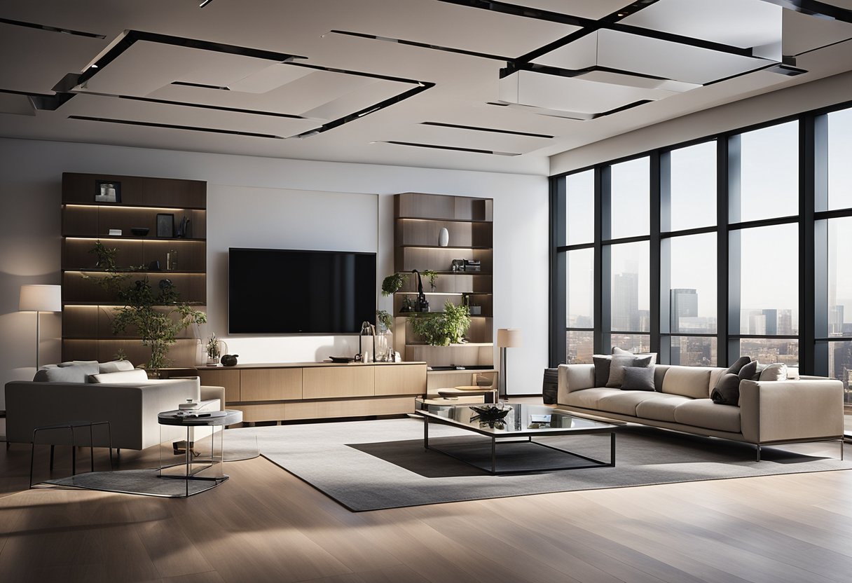 Sleek, modern furniture arranged in an open floor plan. Glass walls and high ceilings create a spacious, professional atmosphere. Innovative lighting fixtures add a touch of sophistication