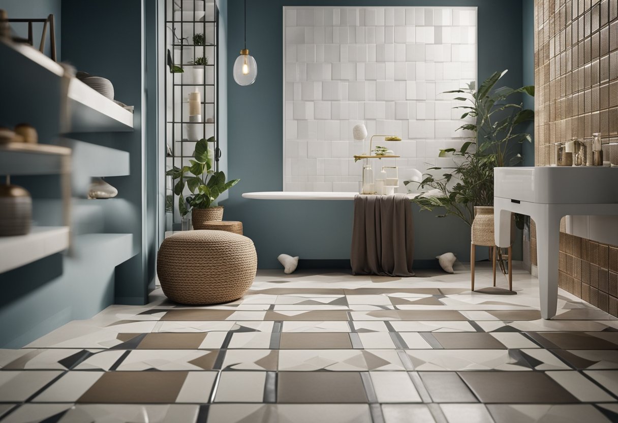 A room with various ceramic tiles, showcasing different patterns, colors, and textures. The tiles are arranged on the floor and walls, creating a visually appealing and impactful interior space