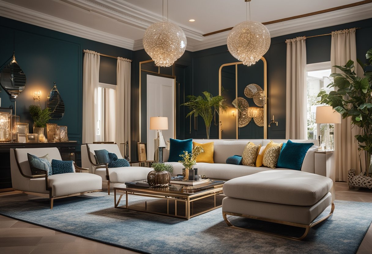 An elegantly designed interior space with modern furniture, vibrant colors, and intricate patterns, showcasing the creativity and expertise of the interior designer