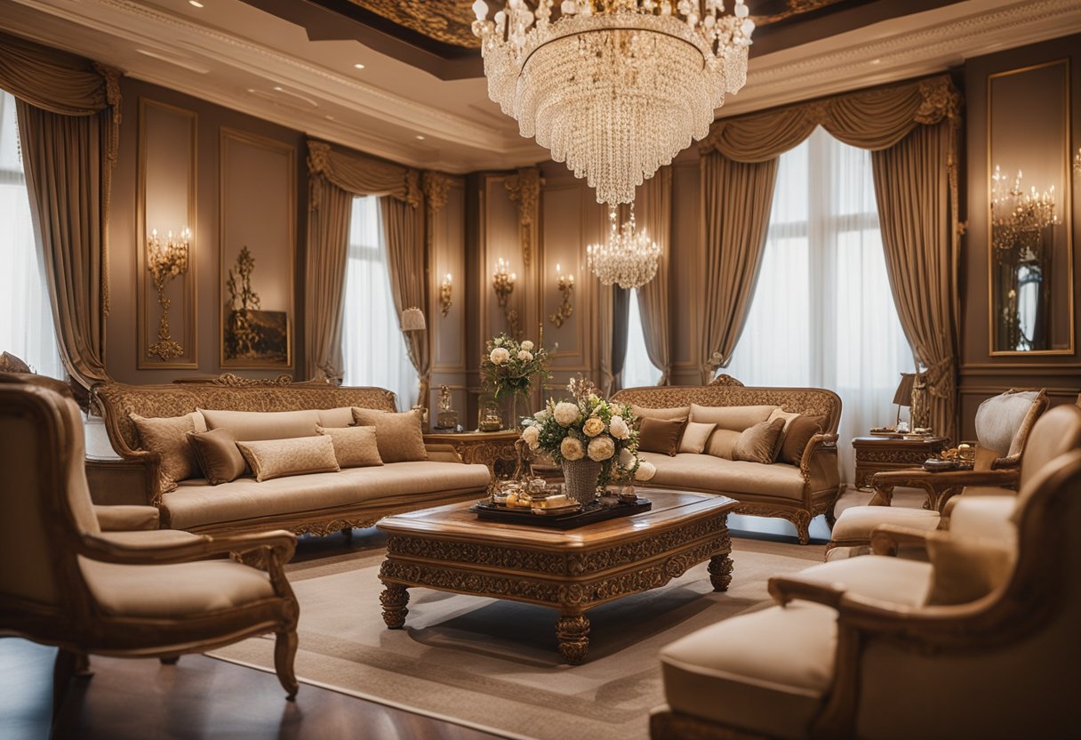 The classic villa interior features ornate furniture, elegant chandeliers, and intricate moldings on the walls and ceilings. Rich, warm colors and luxurious fabrics create a sense of opulence and sophistication