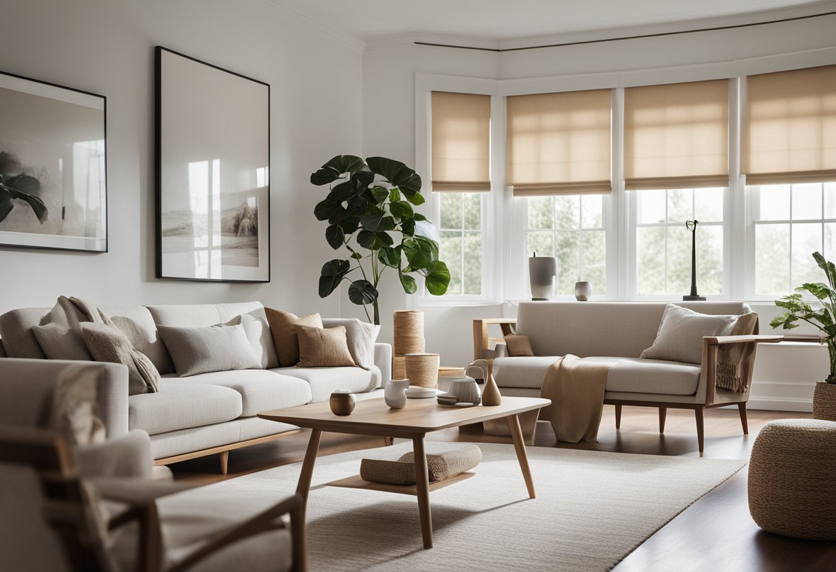 A minimalist living room with clean lines, neutral colors, and natural materials. A large window lets in plenty of natural light, and a few carefully chosen decorative accents add a touch of warmth to the space