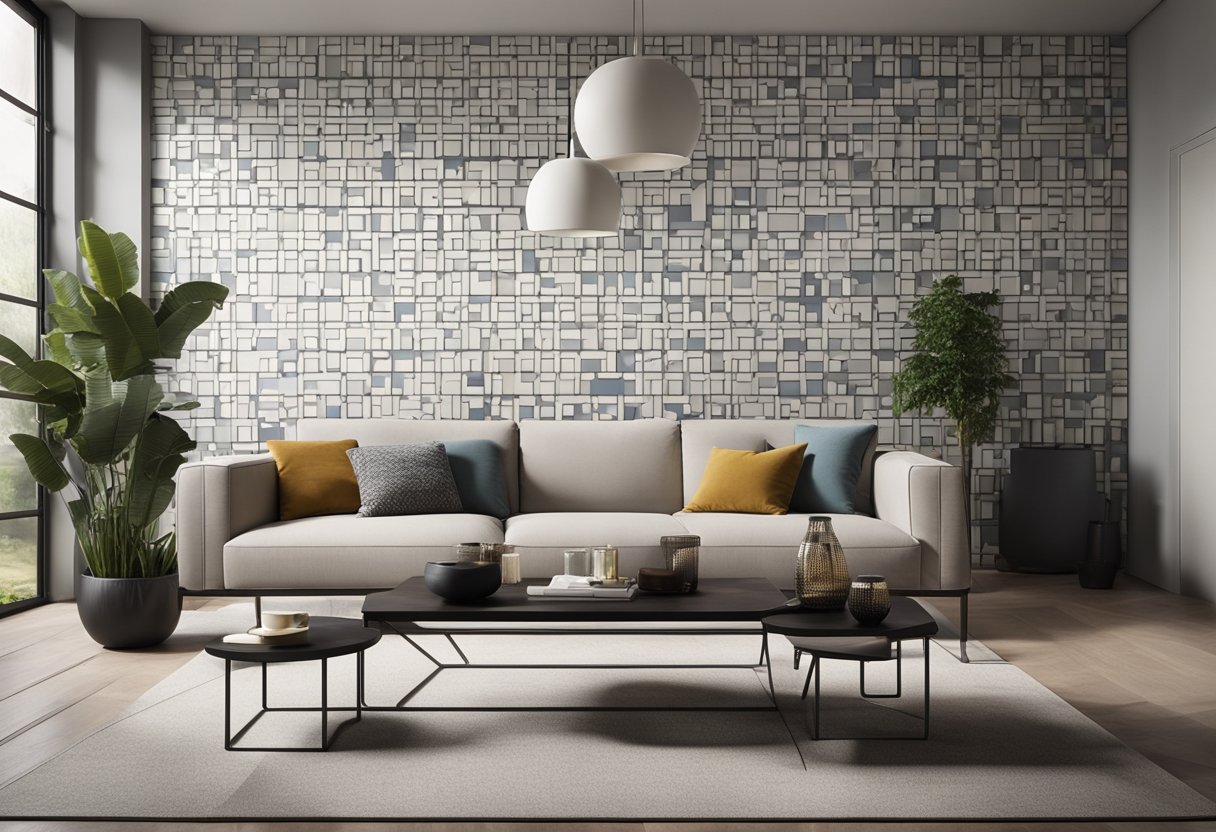 A modern living room with a feature wall covered in geometric ceramic tiles, complemented by a sleek coffee table and minimalist furniture